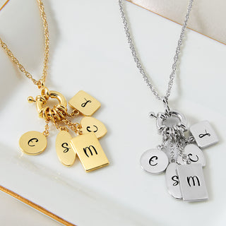 Gold Multishape Engraved Charm Cluster Necklace - 3 to 5 Initials