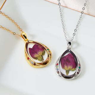 Family Birthstone with Dried Flower Teardrop Pendant Necklace