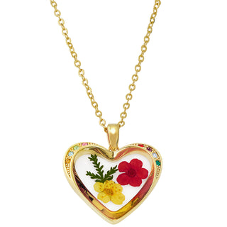 Family Birthstone and Dried Flower Heart Pendant Necklace