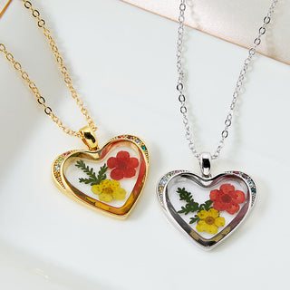 Family Birthstone and Dried Flower Heart Pendant Necklace