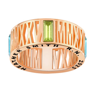 Women's Rose Gold Over Sterling Roman Numeral Year & Birthstone Class Ring