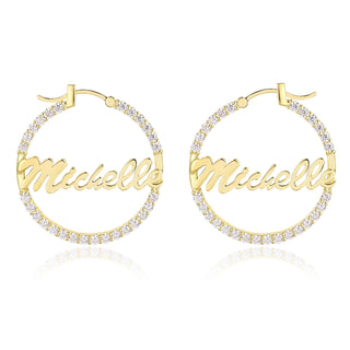 Sterling Silver 29mm CZ Hoop with Script Name Earring