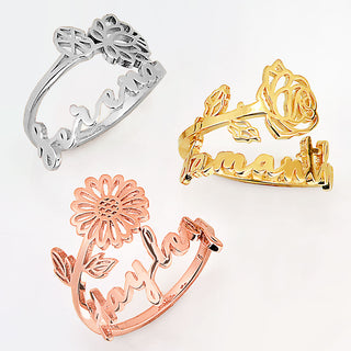 Gold Plated Script Name and Birthmonth Flower Bypass Ring