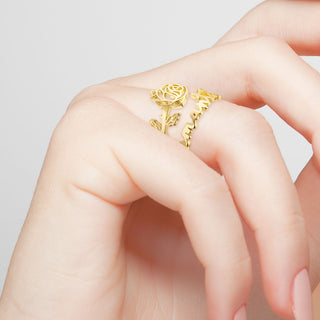 Gold Plated Script Name and Birthmonth Flower Bypass Ring