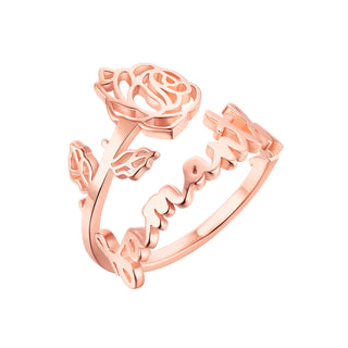 Rose Gold Plated Script Name and Birthmonth Flower Bypass Ring