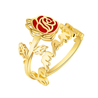 Gold Plated Script Name and Birthmonth Enamel Flower Bypass Ring