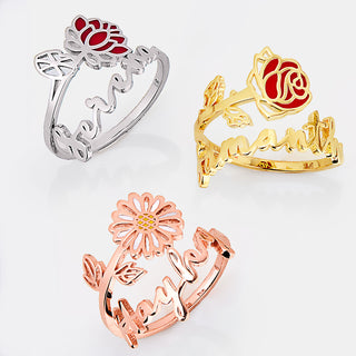 Gold Plated Script Name and Birthmonth Enamel Flower Bypass Ring