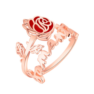 Rose Gold Plated Script Name and Birthmonth Enamel Flower Bypass Ring