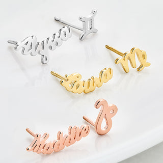 Sterling Silver Script Name and Zodiac Sign Mixed Pair Earrings