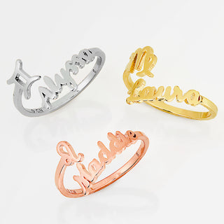 Gold over Sterling Script Name and Zodiac Sign Bypass Ring