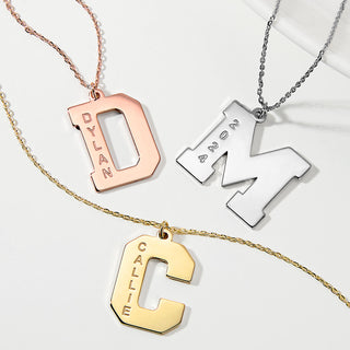 Sterling Silver Varsity Initial with Engraved Name Necklace