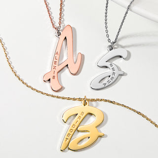 Sterling Silver Retro Script Initial with Engraved Name Necklace