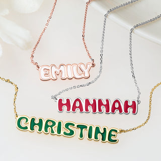 Sterling Silver Enamel Uppercase Bubble Name Plaque Necklace