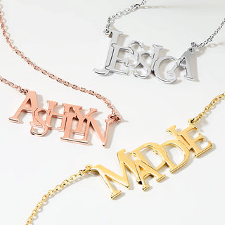 Sterling Silver Uppercase Staggered Name Plaque Necklace