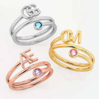 Gold Stacked Initials and Birthstone Wrap Ring