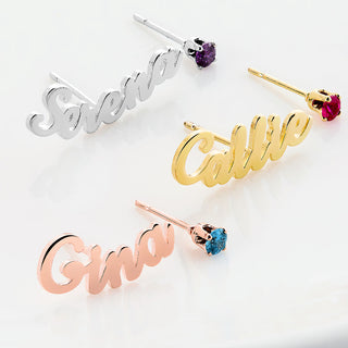 Sterling Silver Script Name Earring and Birthstone Mixed Pair Earrings