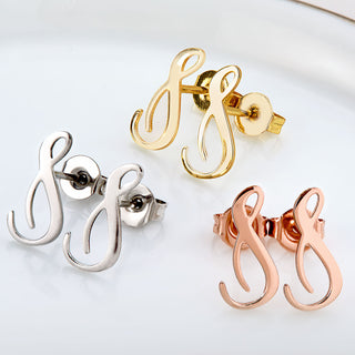 Fancy Script Initial Button Earrings