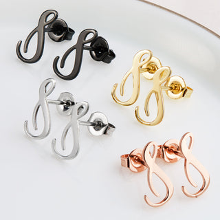 Fancy Script Initial Button Earrings