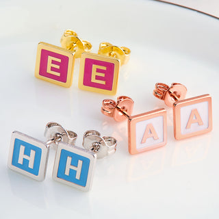 Petite Square Initial Enamel Button Earrings