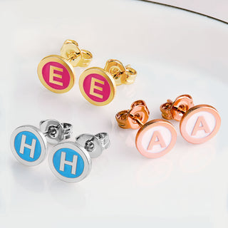 Petite Circle Initial Enamel Button Earrings