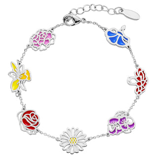 Silver Plated Enamel Birthmonth Flower Station Bracelet