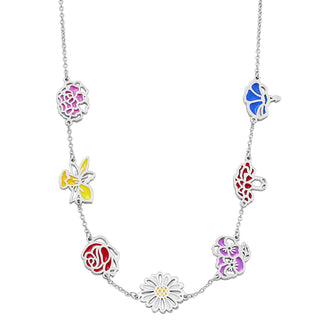 Silver Plated Enamel Birthmonth Flower Station Necklace