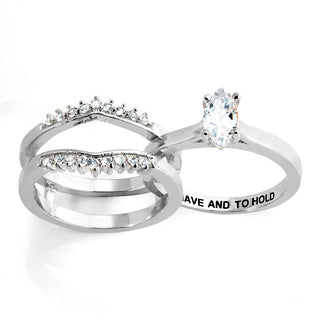 Platinum over Sterling Marquise White Topaz Solitaire with Enhancer Engraved Engagement Ring Set