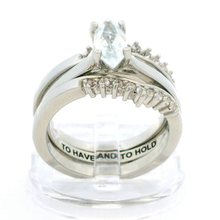 Platinum over Sterling Marquise White Topaz Solitaire with Enhancer Engraved Engagement Ring Set