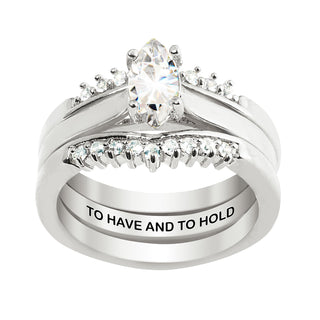 Platinum over Sterling Marquise White Topaz Solitaire with Enhancer Engraved Engagement Ring Set