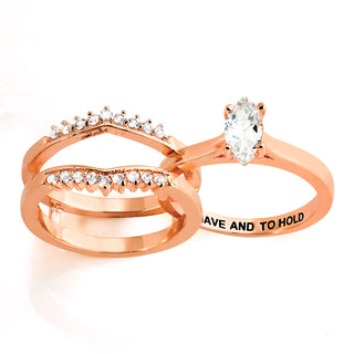 Rose Gold over Sterling Marquise White Topaz Solitaire with Enhancer Engraved Engagement Ring Set