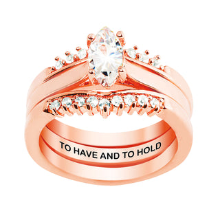 Rose Gold over Sterling Marquise White Topaz Solitaire with Enhancer Engraved Engagement Ring Set