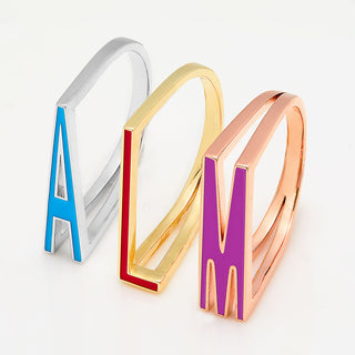 Rose Gold Plated Bold Birthmonth Enamel Horizontal Initial Ring