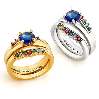 Gold Plated Solitaire and Family Birthstone Enhancer Ring Set