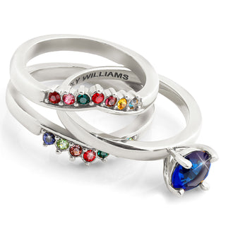 Silver Solitaire and Family Birthstone Enhancer Ring Set