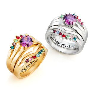 Silver Solitaire and Family Birthstone Enhancer Ring Set