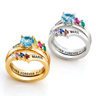 Silver Plated Solitaire and Family Birthstone Bypass Enhancer Ring Set