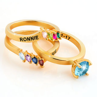 Gold Plated Solitaire and Family Birthstone Bypass Enhancer Ring Set