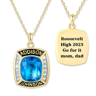 Unisex Gold CELEBRIUM Cushion Birthstone and CZ Personalized Graduation/Class Necklace