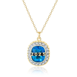 Unisex Gold over Sterling Cushion Birthstone and CZ Personalized Graduation/Class Necklace