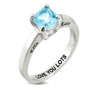 Silver Plated Square Birthstone “Close to Your Heart” Solitaire Ring