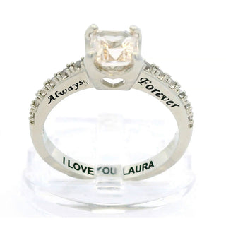 Platinum over Sterling Square White Topaz Open Heart Engraved Wedding Ring