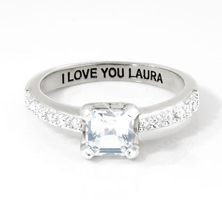 Platinum over Sterling Square White Topaz Open Heart Engraved Wedding Ring