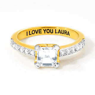 Gold over Sterling Square White Topaz Open Heart Engraved Wedding Ring