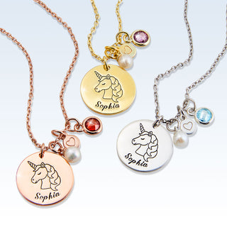 Girls' Sterling Silver Personalized Unicorn Birthstone Clster Necklace