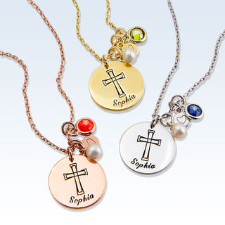 Girls' Sterling Silver Personalized Cross Birthstone Cluster Necklace