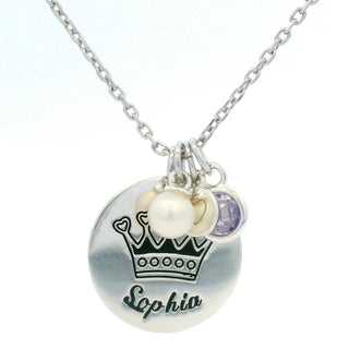 Girls' Sterling Silver Personalized Crown Birthstone Cluster Necklace