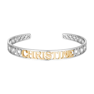 Slim Two-Tone Name with Hearts Cuff Bracelet