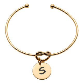 Engraved Initial Disc with Heart Knot Open Cuff Bracelet