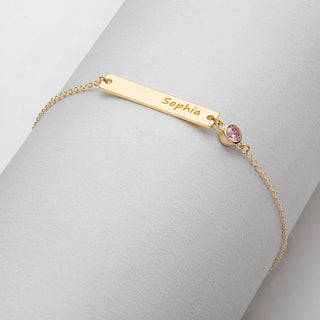 Engraved Name Bar and Birthstone Adjustable Bracelet