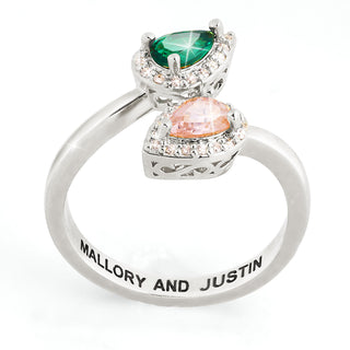 Silver Plated Couple's Pear Birthstone CZ Halo Bypass Ring